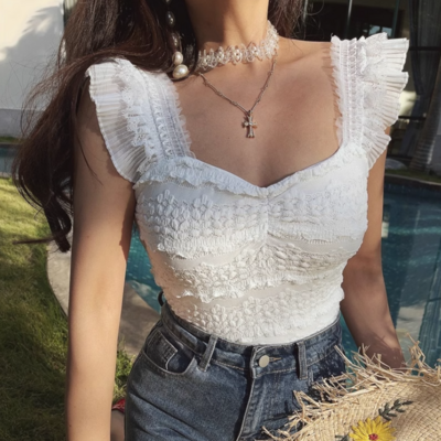 Retro romantic lace casual square neck lace sexy super short t-shirt