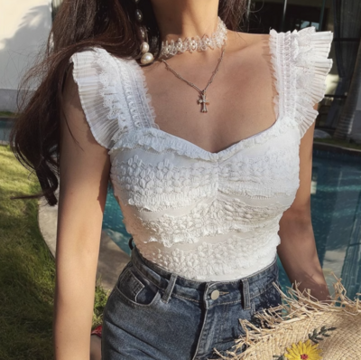 Retro romantic lace casual square neck lace sexy super short T-shirt