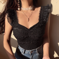 Retro romantic lace casual square neck lace sexy super short T-shirt - Thumbnail 1