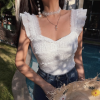 Retro romantic lace casual square neck lace sexy super short T-shirt - Thumbnail 5