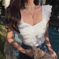 Retro romantic lace casual square neck lace sexy super short T-shirt - Thumbnail 6