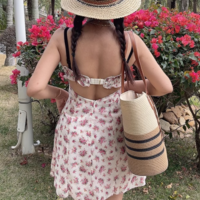 Romantic Pink Printed Sexy Ruffled Suspender Dress - Thumbnail 6