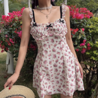 Romantic Pink Printed Sexy Ruffled Suspender Dress - Thumbnail 1