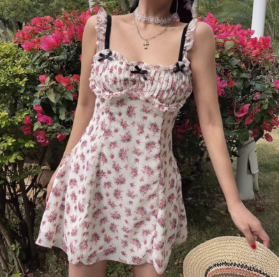 Romantic Pink Printed Sexy Ruffled Suspender Dress