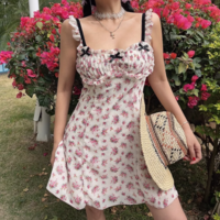 Romantic Pink Printed Sexy Ruffled Suspender Dress - Thumbnail 2