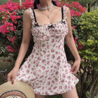 Romantic Pink Printed Sexy Ruffled Suspender Dress - Thumbnail 5