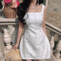 Square Neck Jacquard Back Tie Slim Fit Big Bow Waist Dress - Thumbnail 1