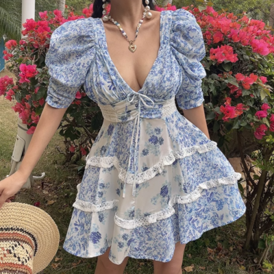 Retro blue and white porcelain floral lace patchwork v-neck waist short-sleeved dress - Thumbnail 5