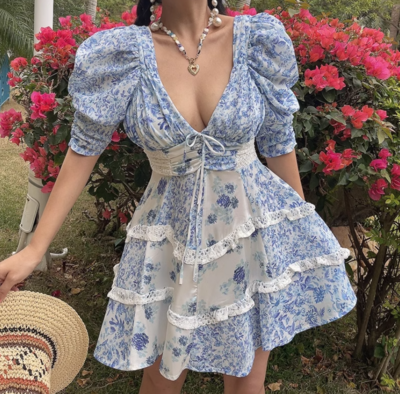 Retro blue and white porcelain floral lace patchwork V-neck waist short-sleeved dress