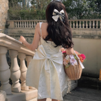 Square Neck Jacquard Back Tie Slim Fit Big Bow Waist Dress - Thumbnail 6