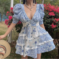 Retro blue and white porcelain floral lace patchwork V-neck waist short-sleeved dress - Thumbnail 1