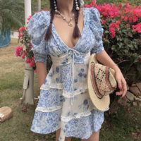 Retro blue and white porcelain floral lace patchwork V-neck waist short-sleeved dress - Thumbnail 4