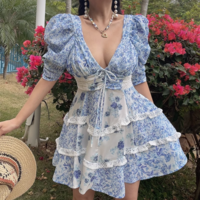 Retro blue and white porcelain floral lace patchwork V-neck waist short-sleeved dress - Thumbnail 5
