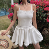 Lace trim slim suspender dress square neck waist A-line short skirt - Thumbnail 3