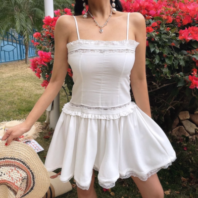 Lace trim slim suspender dress square neck waist a-line short skirt