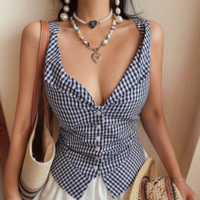 Plaid V-neck single-breasted slim fit simple casual top vest - Thumbnail 9