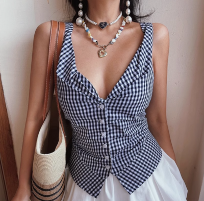 Plaid V-neck single-breasted slim fit simple casual top vest