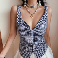 Plaid V-neck single-breasted slim fit simple casual top vest - Thumbnail 1