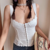 Retro style small flower embroidery lace stitching fishbone slim fit top camisole - Thumbnail 2