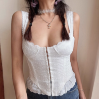 Retro style small flower embroidery lace stitching fishbone slim fit top camisole - Thumbnail 1