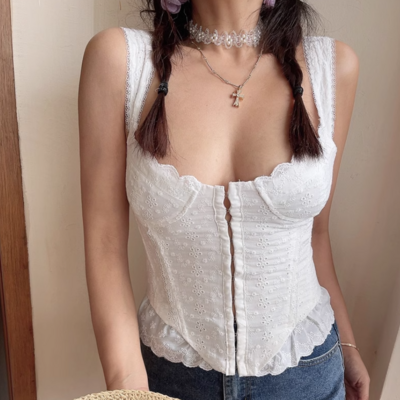 Retro style small flower embroidery lace stitching fishbone slim fit top camisole