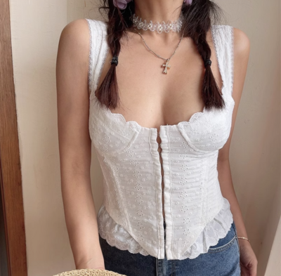 Retro style small flower embroidery lace stitching fishbone slim fit top camisole