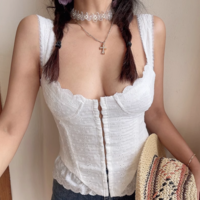 Retro style small flower embroidery lace stitching fishbone slim fit top camisole - Thumbnail 5