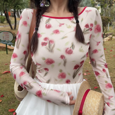 Sexy mesh back cross hollow strap long sleeve t-shirt