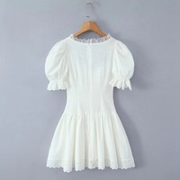 Retro Square Neck Puff Sleeve Summer Fishbone Waist Princess Puffy Miniskirt - Thumbnail 1