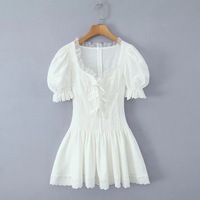 Retro Square Neck Puff Sleeve Summer Fishbone Waist Princess Puffy Miniskirt - Thumbnail 2