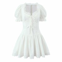 Retro Square Neck Puff Sleeve Summer Fishbone Waist Princess Puffy Miniskirt - Thumbnail 3