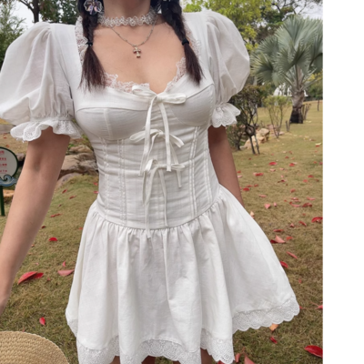 Retro square neck puff sleeve summer fishbone waist princess puffy miniskirt