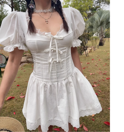 Retro Square Neck Puff Sleeve Summer Fishbone Waist Princess Puffy Miniskirt