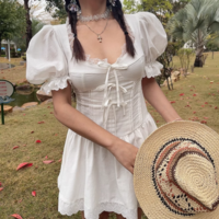 Retro Square Neck Puff Sleeve Summer Fishbone Waist Princess Puffy Miniskirt - Thumbnail 5