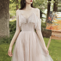 Light Pink Tulle Long Prom Dress, A-Line Spaghetti Strap Party Dress - Thumbnail 1
