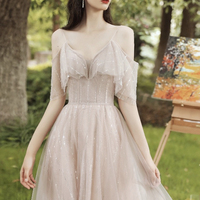 Light Pink Tulle Long Prom Dress, A-Line Spaghetti Strap Party Dress - Thumbnail 3