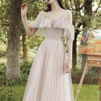 Light Pink Tulle Long Prom Dress, A-Line Spaghetti Strap Party Dress - Thumbnail 4