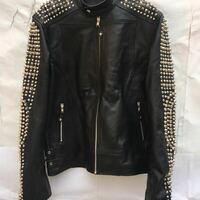 Crafted Leather Men Classic Silver Studded Punk Rock Black Leather Jacket  - Thumbnail 2