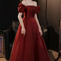 Elegant Vintage Square Neckline Wine Red Evening Dress  - Thumbnail 1