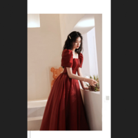 Elegant Vintage Square Neckline Wine Red Evening Dress  - Thumbnail 4