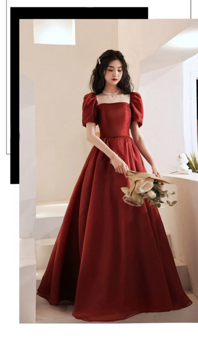 Elegant Vintage Square Neckline Wine Red Evening Dress 