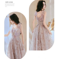 Spaghetti Strap Square Collar Beaded Sequin Fairy Evening Gown - Thumbnail 1