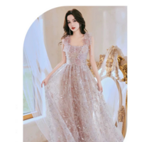 Spaghetti Strap Square Collar Beaded Sequin Fairy Evening Gown - Thumbnail 2