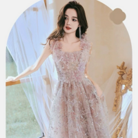 Spaghetti Strap Square Collar Beaded Sequin Fairy Evening Gown - Thumbnail 3