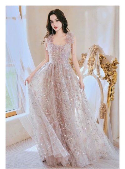 Spaghetti Strap Square Collar Beaded Sequin Fairy Evening Gown