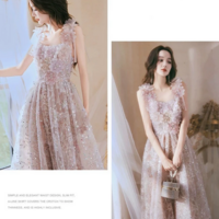 Spaghetti Strap Square Collar Beaded Sequin Fairy Evening Gown - Thumbnail 4