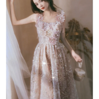 Spaghetti Strap Square Collar Beaded Sequin Fairy Evening Gown - Thumbnail 5