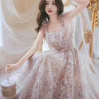 Spaghetti Strap Square Collar Beaded Sequin Fairy Evening Gown - Thumbnail 6