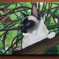 "Bird Watcher," Siamese cat art, Original Acrylic Painting By N.E.Thompson, 16x20 Inches - Thumbnail 2