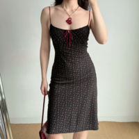Retro floral contrasting suspender skirt mid-length - Thumbnail 2